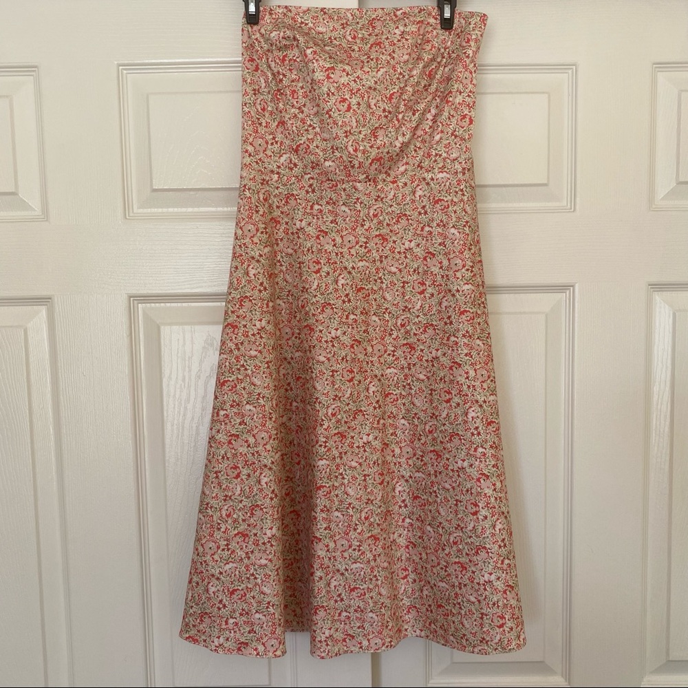 Ann Taylor Strapless Floral Midi Dress in Cream and Pink